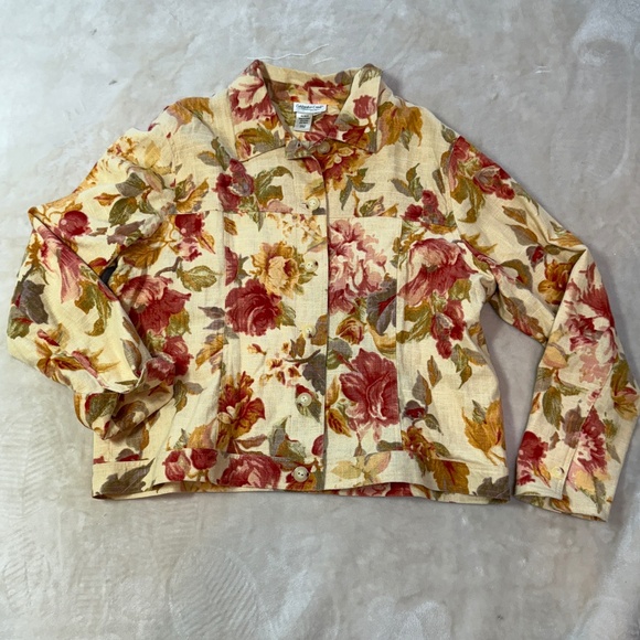 Yellow Orange Pink Red Rose Linen Trucker Jacket - Coldwater Creek - XL - Picture 8 of 16
